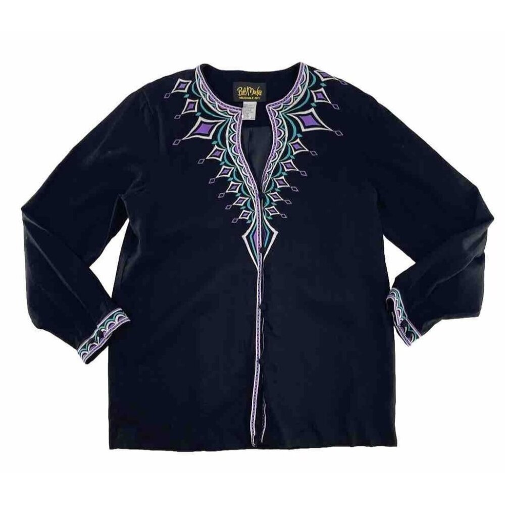 Bob Mackie Wearable Art Embroidered Linen Blend Tunic Button Up Sweater Boho M